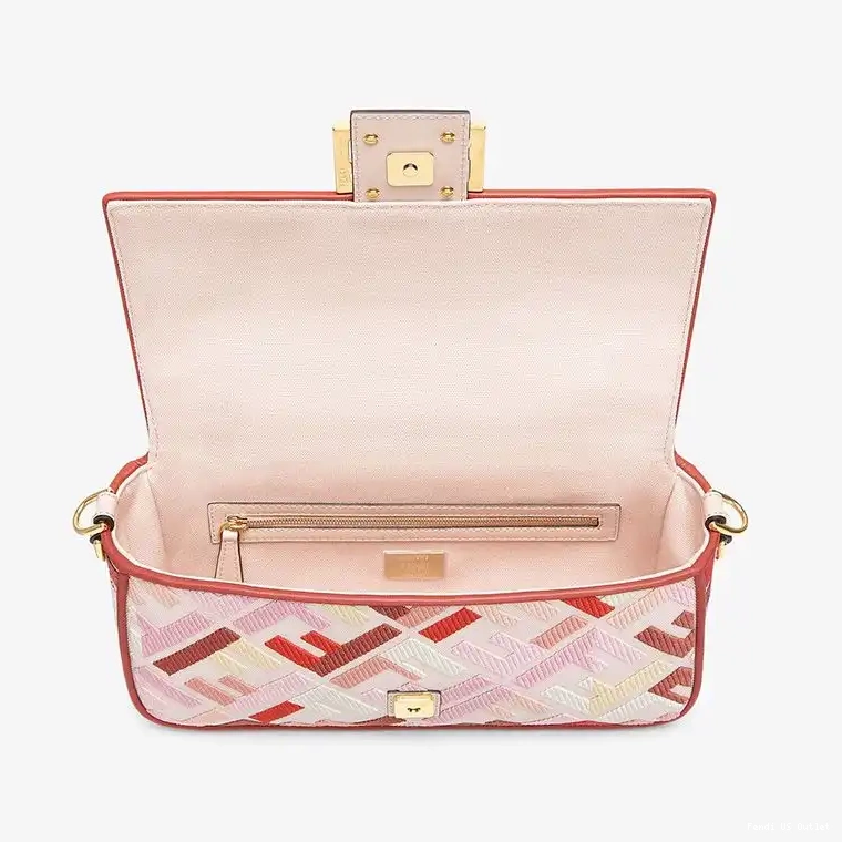 Cheap HOT In Fendi Baguette Bag Canvas Pink Medium Red Motif FF 0704